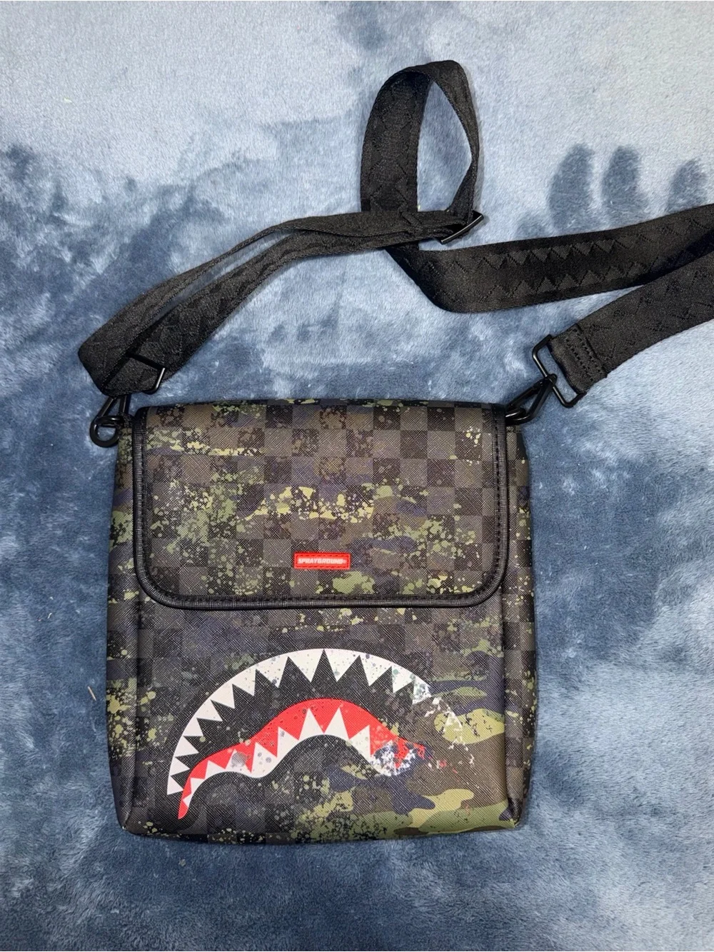Sprayground Black & Green Camo Shark-Mouth Messenger Bag